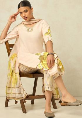 Peach Printed Cotton Kurta Set