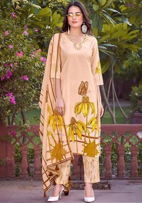 Peach Printed Cotton Kurta Set