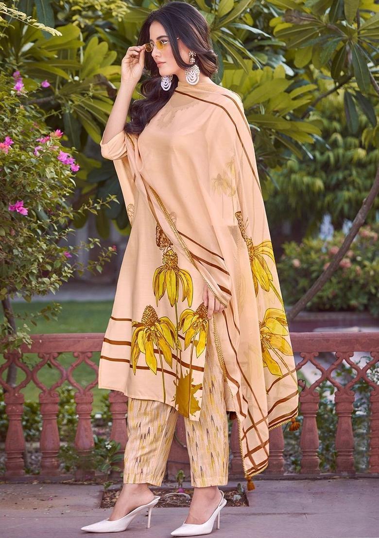 Peach Printed Cotton Kurta Set - Indya