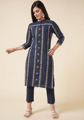Navy Blue Woven Design Cotton Kurta Set