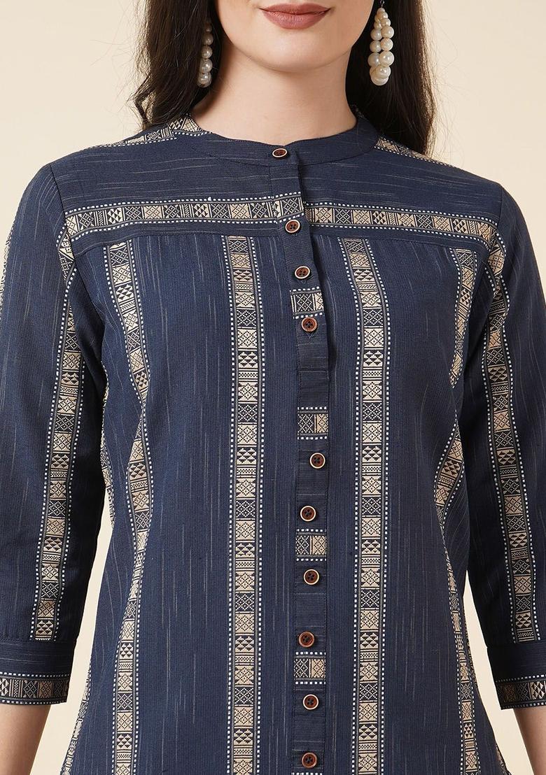 Navy Blue Woven Design Cotton Kurta Set - Indya