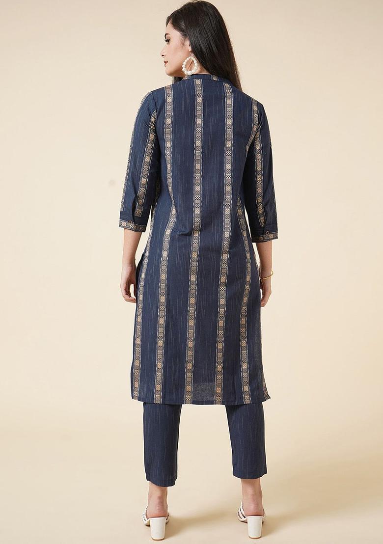Navy Blue Woven Design Cotton Kurta Set - Indya