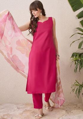 Pink Solid Viscose Kurta Set