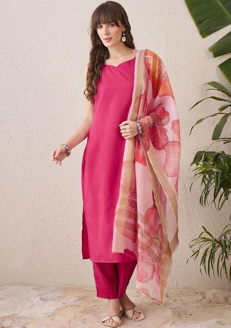 Pink Solid Viscose Kurta Set - Indya
