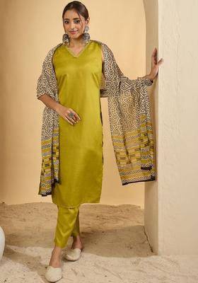 Lime Green Solid Viscose Kurta Set