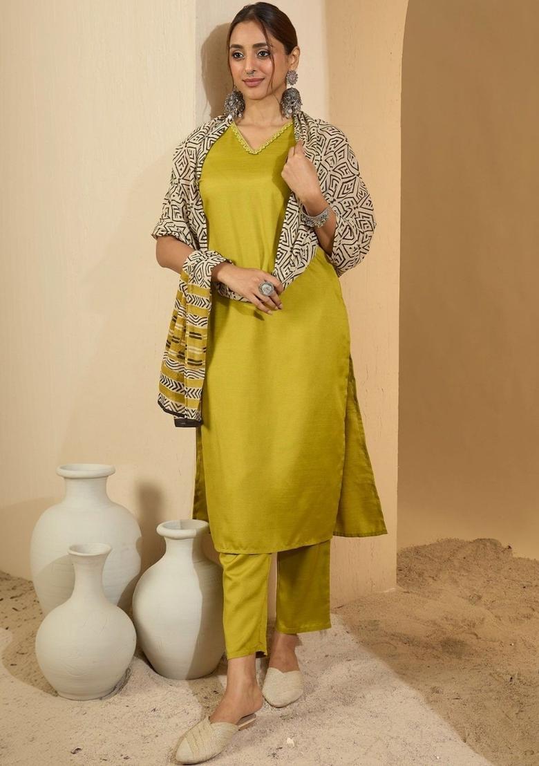 Lime Green Solid Viscose Kurta Set - Indya