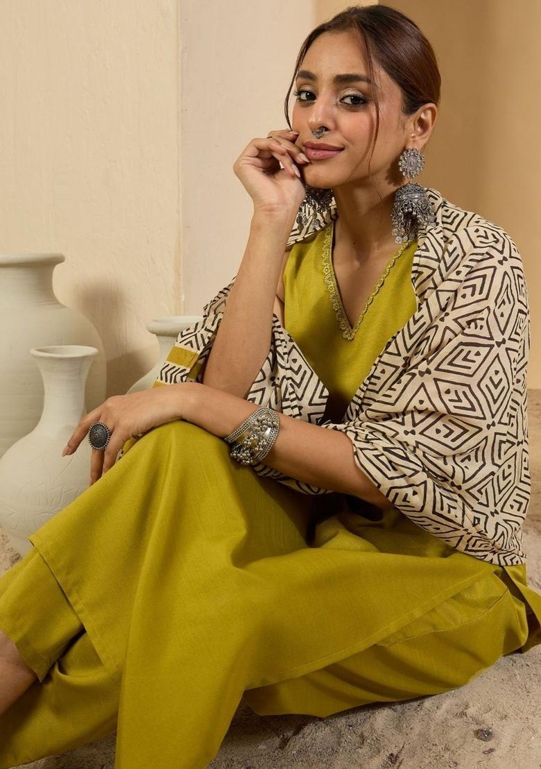 Lime Green Solid Viscose Kurta Set - Indya