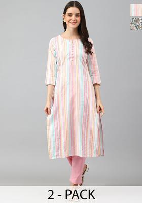 Peach Printed Cotton Kurta Set