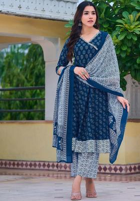 Blue Printed Viscose Anarkali Set