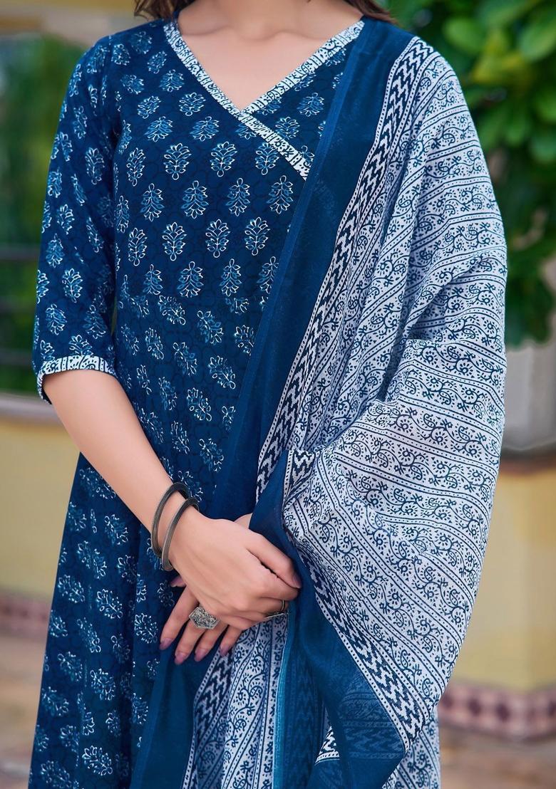 Blue Printed Viscose Anarkali Set - Indya