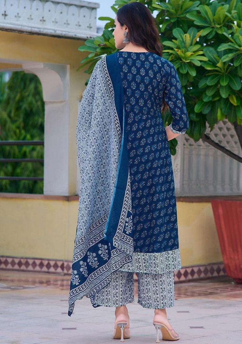 Blue Printed Viscose Anarkali Set - Indya