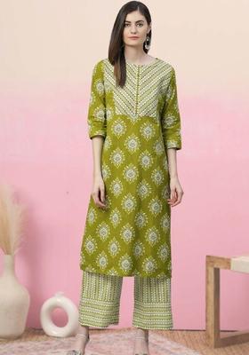 Green Printed Cotton Kurta Set
