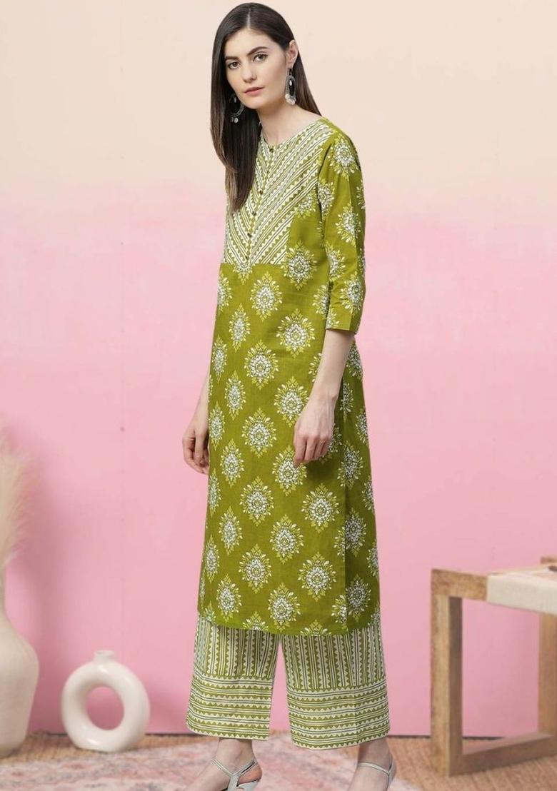 Green Printed Cotton Kurta Set - Indya