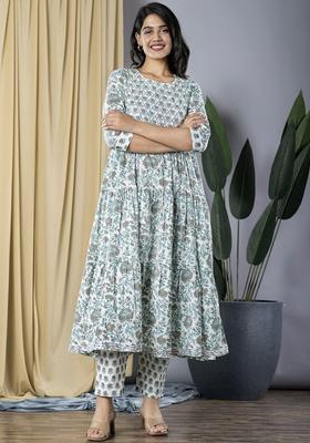 Grey Printed Cotton Anarkali Set