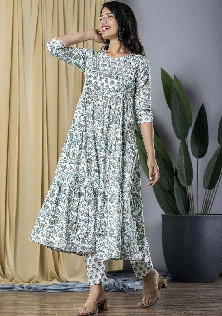 Grey Printed Cotton Anarkali Set - Indya