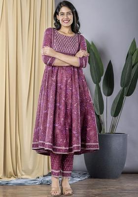 Mauve Printed Cotton Anarkali Set