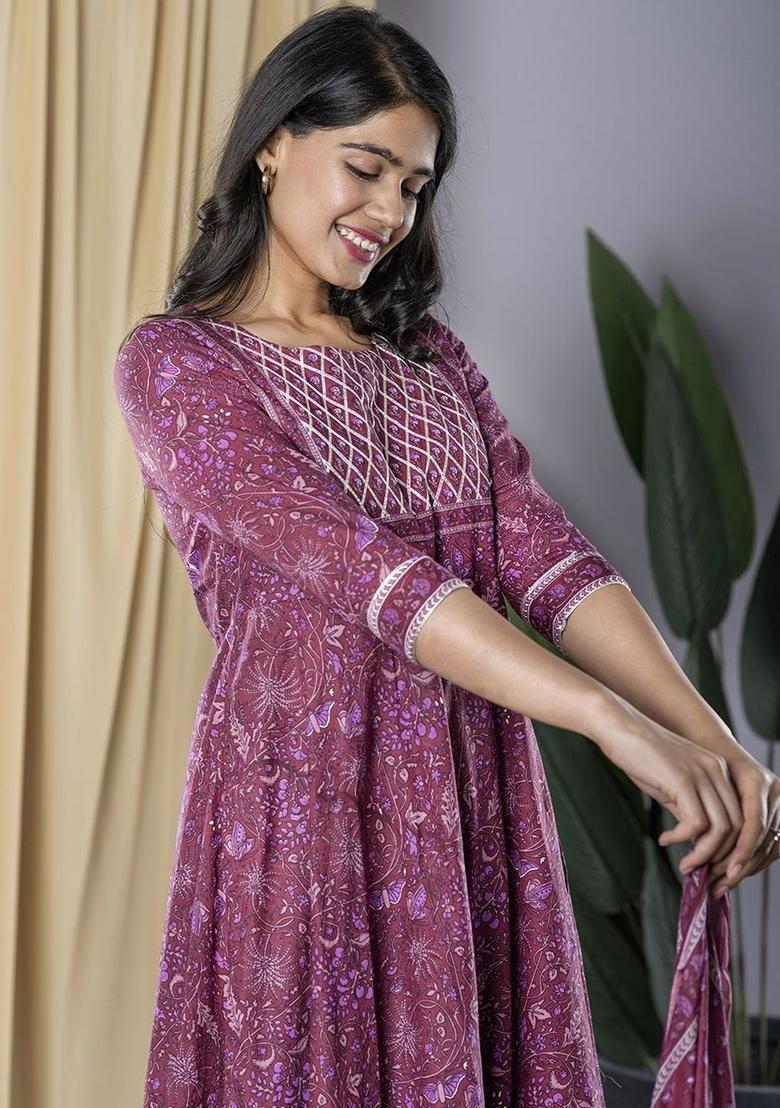 Mauve Printed Cotton Anarkali Set - Indya