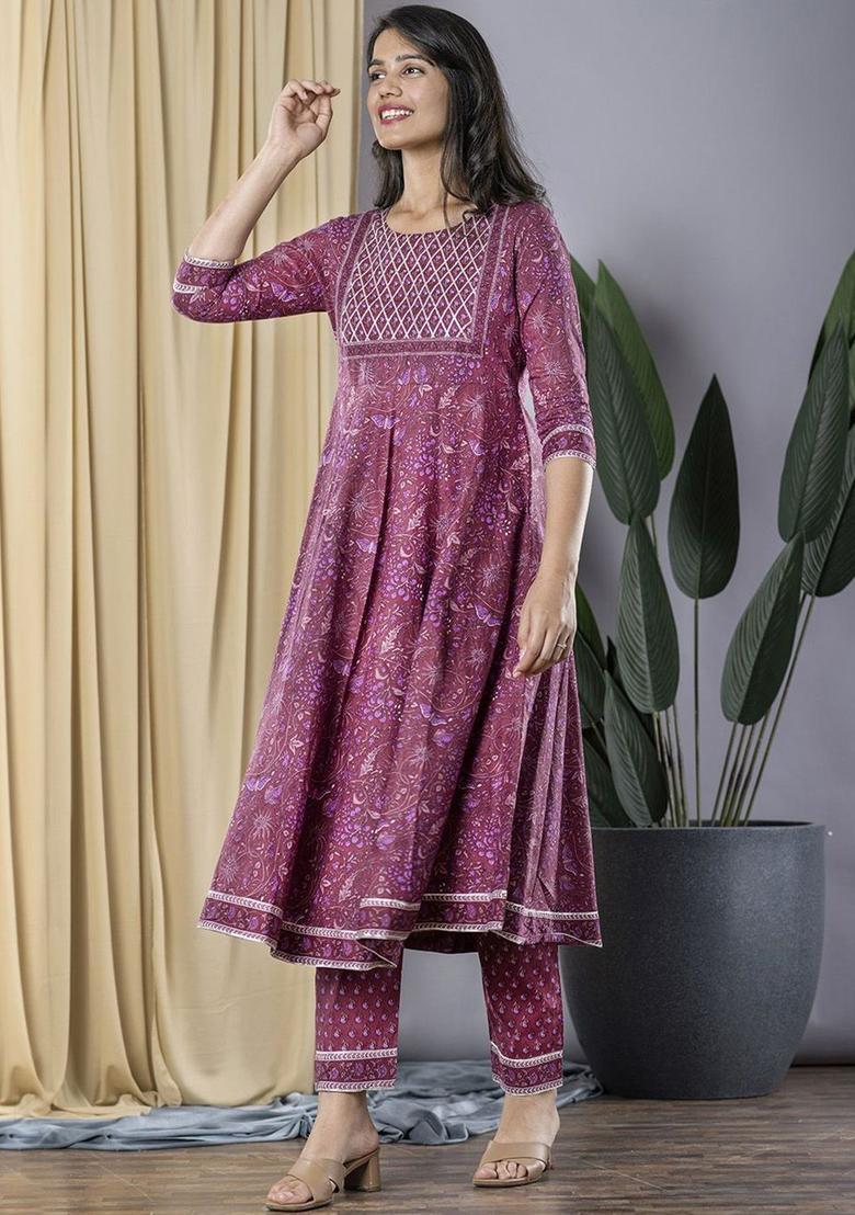 Mauve Printed Cotton Anarkali Set - Indya