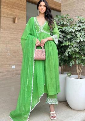 Green Embroidered Viscose Anarkali Set