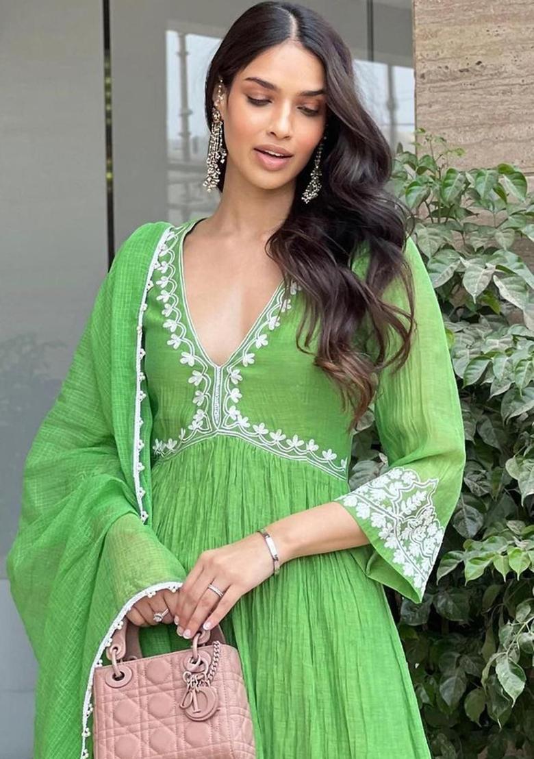 Green Embroidered Viscose Anarkali Set - Indya
