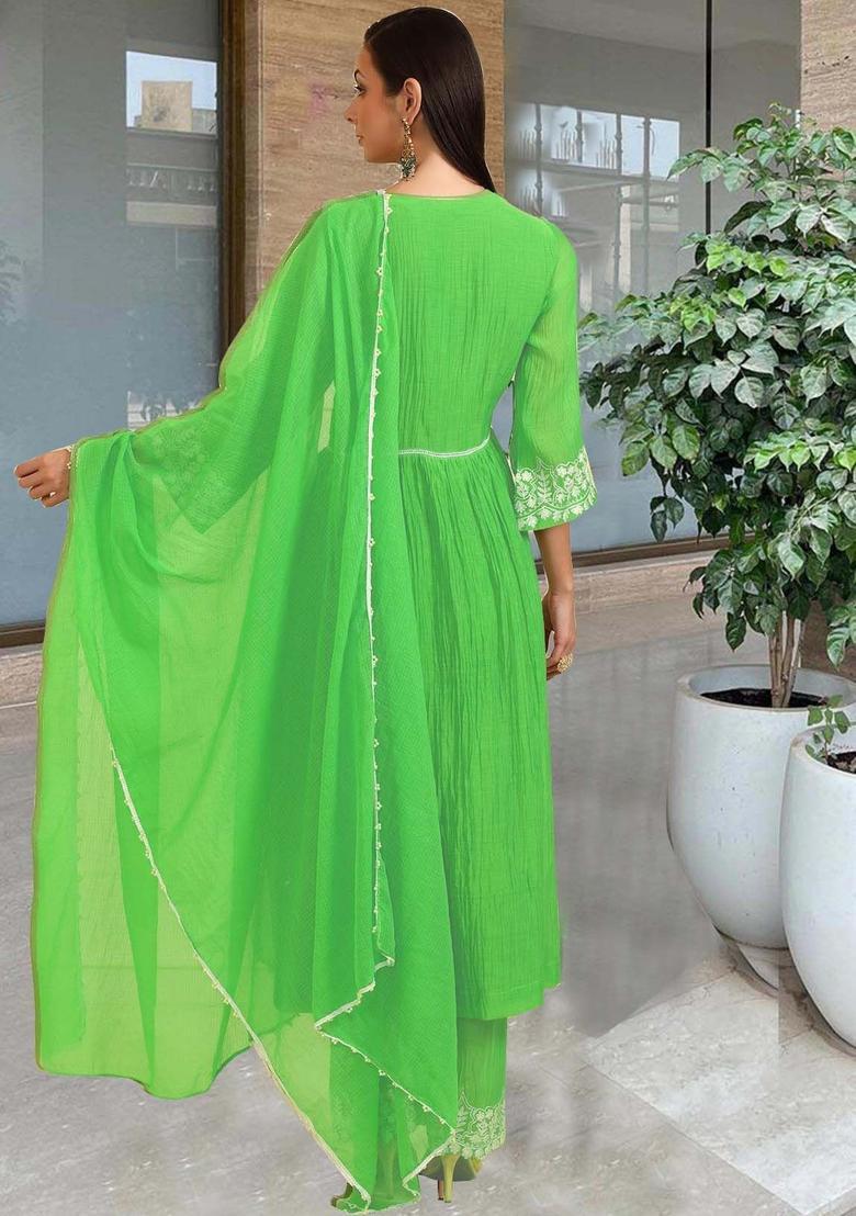 Green Embroidered Viscose Anarkali Set - Indya