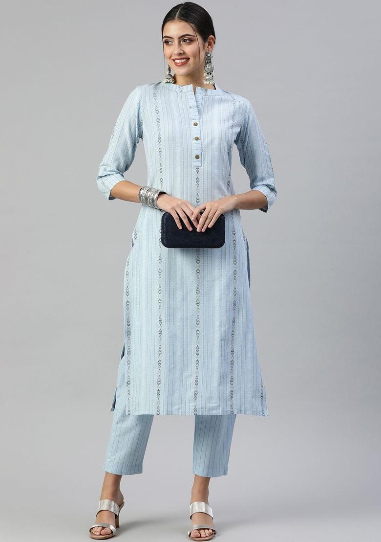 Peach Striped Cotton Kurta Set - Indya