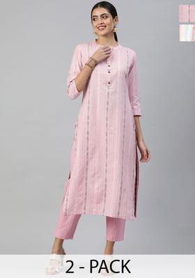 Pink Striped Cotton Kurta Set