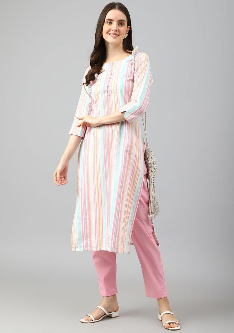 Pink Striped Cotton Kurta Set - Indya