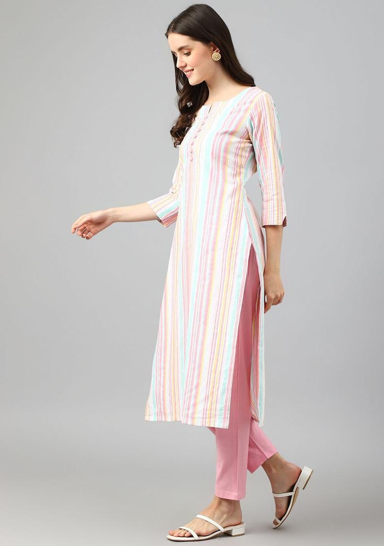 Pink Striped Cotton Kurta Set - Indya
