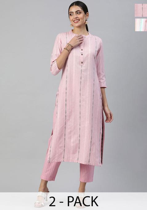 Pink Striped Cotton Kurta Set — view on Indya