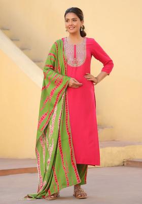 Pink Embroidered Cotton Kurta Set