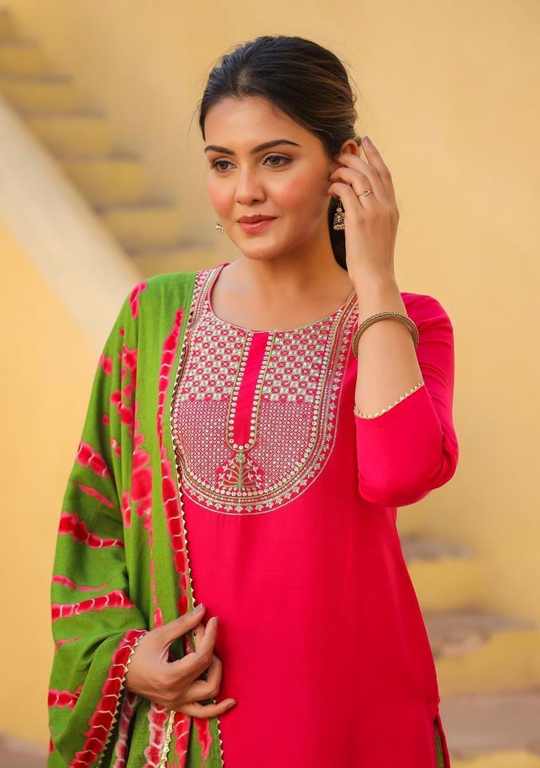 Pink Embroidered Cotton Kurta Set - Indya