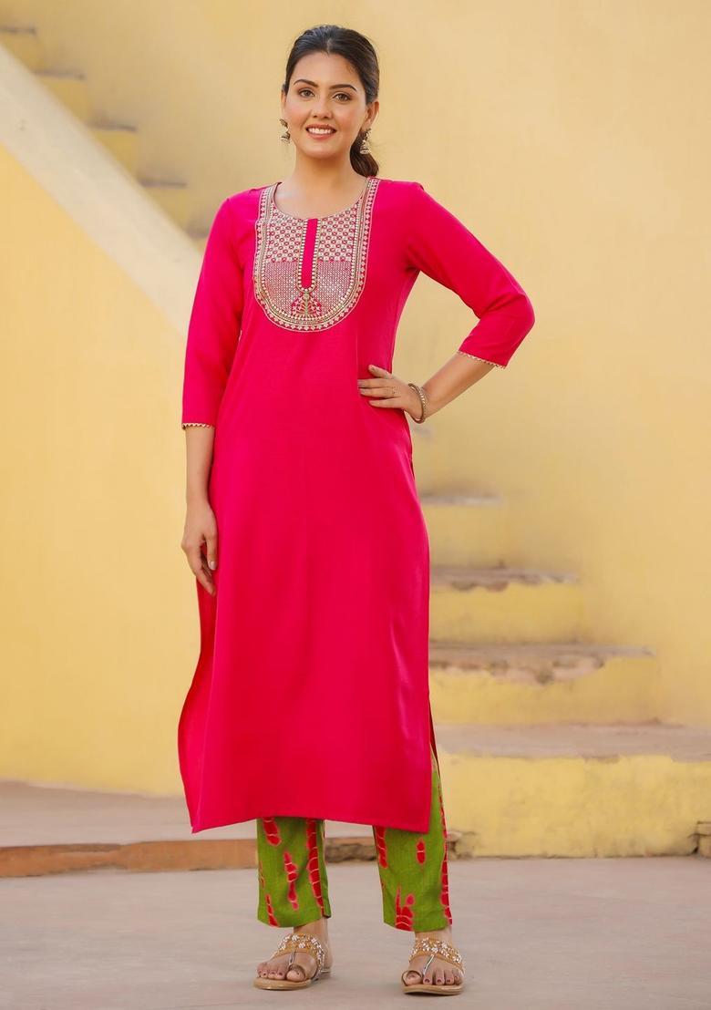 Pink Embroidered Cotton Kurta Set - Indya