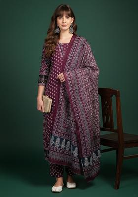 Maroon Printed Viscose Kurta Set
