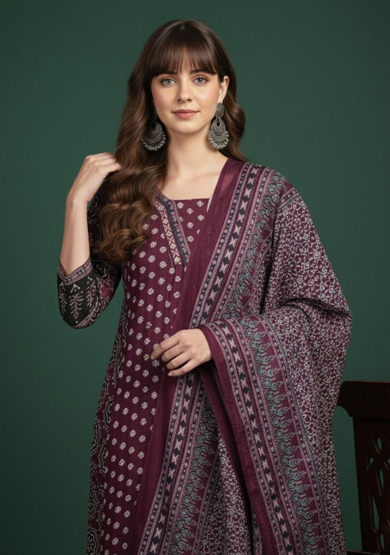 Maroon Printed Viscose Kurta Set - Indya