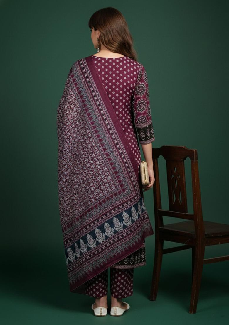 Maroon Printed Viscose Kurta Set - Indya