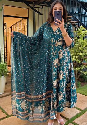 Green Printed Viscose Anarkali Set