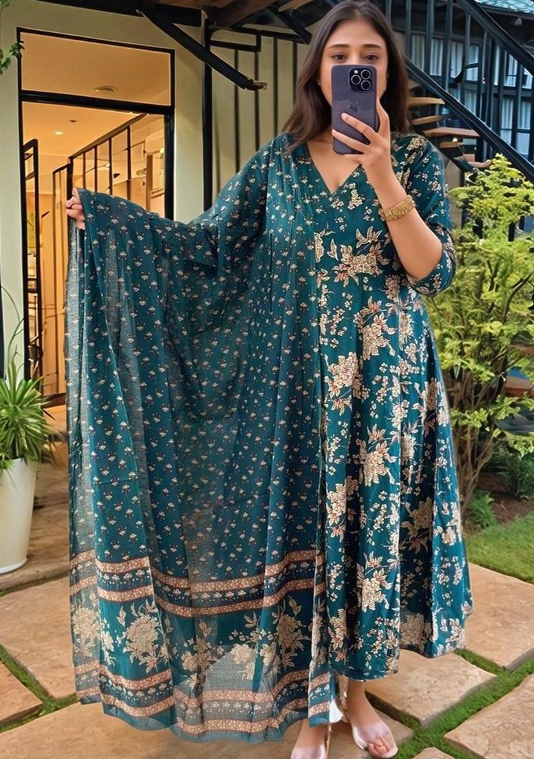 Green Printed Viscose Anarkali Set - Indya