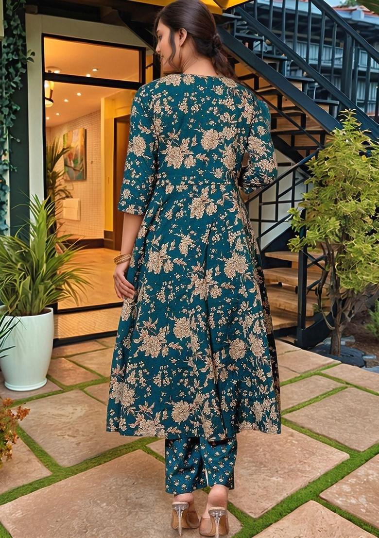 Green Printed Viscose Anarkali Set - Indya