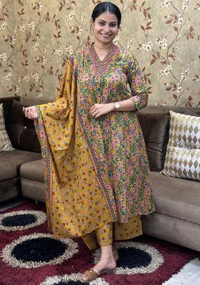 Yellow Printed Viscose Anarkali Set