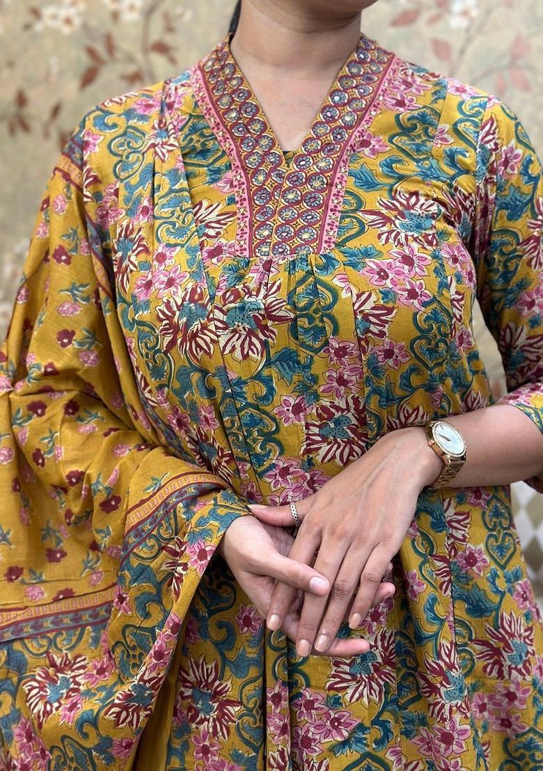 Yellow Printed Viscose Anarkali Set - Indya
