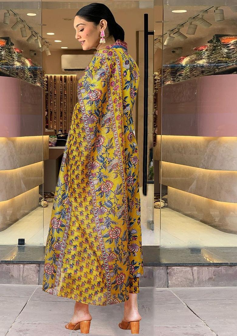 Yellow Printed Viscose Anarkali Set - Indya