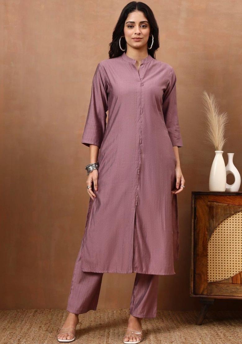 Purple Solid Viscose Kurta Set - Indya