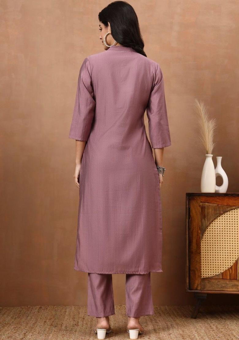 Purple Solid Viscose Kurta Set - Indya