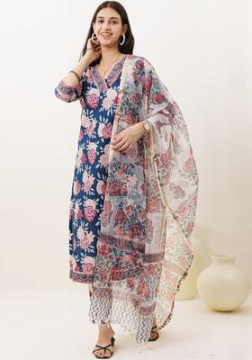 Navy Blue Printed Viscose Kurta Set