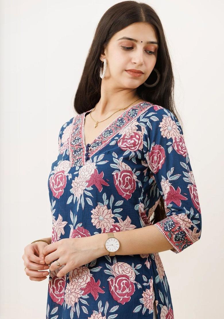 Navy Blue Printed Viscose Kurta Set - Indya