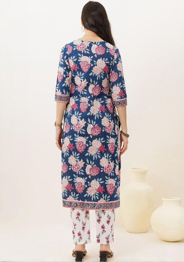 Navy Blue Printed Viscose Kurta Set - Indya