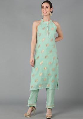 Green Woven Design Chanderi Kurta Set