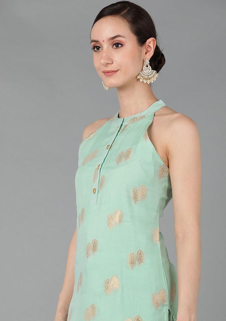 Green Woven Design Chanderi Kurta Set - Indya
