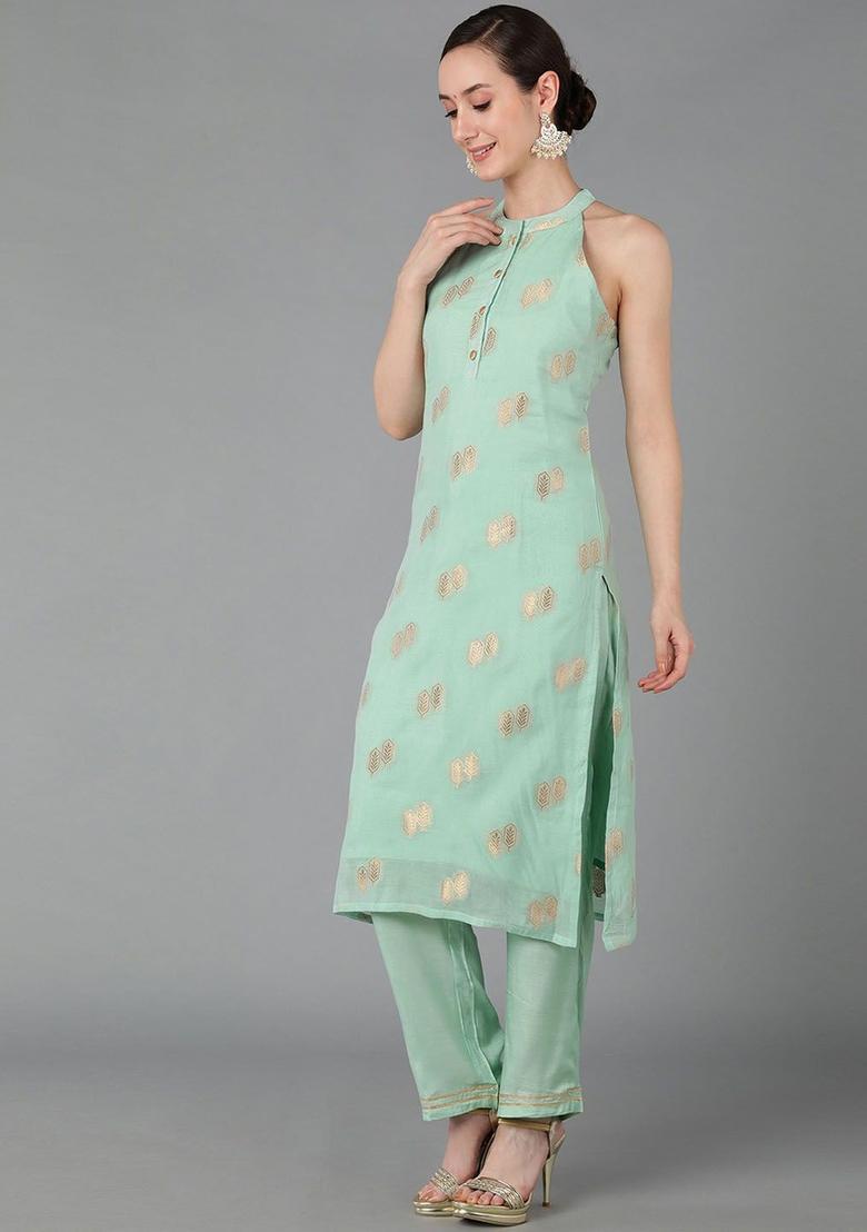 Green Woven Design Chanderi Kurta Set - Indya